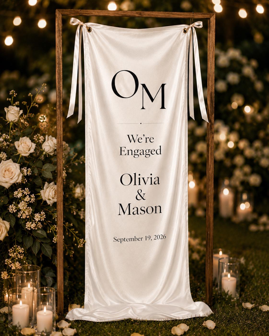 Minimal Engagement Banner, Personalized Fabric Welcome Sign, Custom Satin Couple Monogram Banner - product image 8