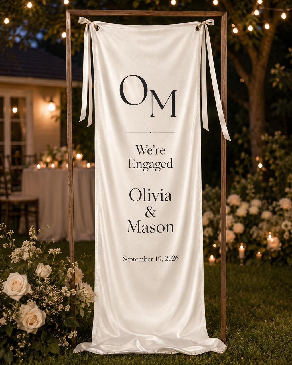 Minimal Engagement Banner, Personalized Fabric Welcome Sign, Custom Satin Couple Monogram Banner - product image 9