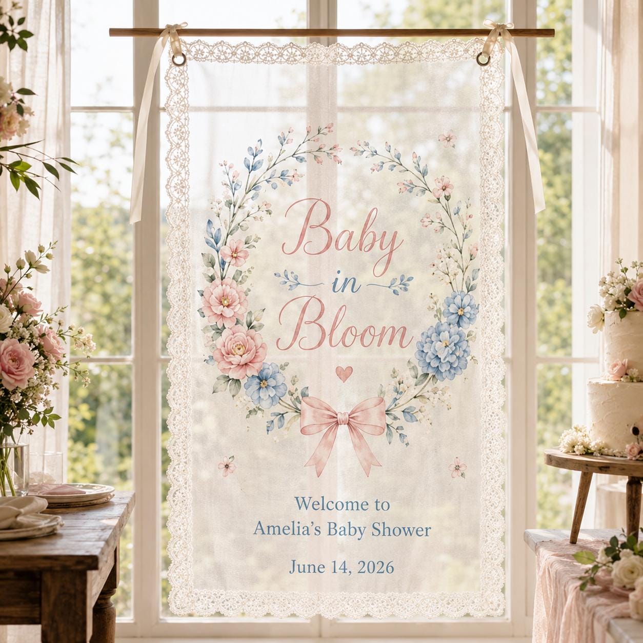 Baby in Bloom Lace Banner, Personalized Floral Baby Shower Sign, Garden Decor - product image 8