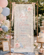 Baby in Bloom Lace Banner, Personalized Floral Baby Shower Sign – main product view