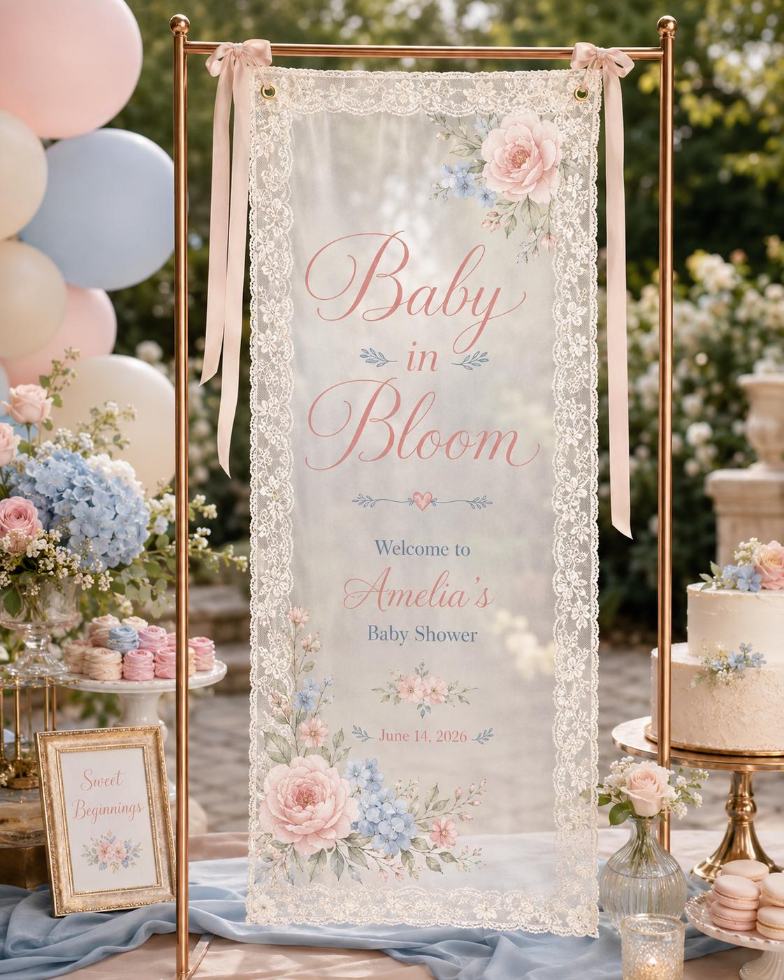 Baby in Bloom Lace Banner, Personalized Floral Baby Shower Sign, Garden Decor - product image 1