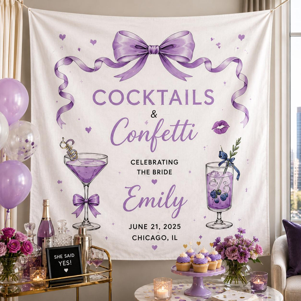 Bachelorette Cocktail Linen Tapestry, Personalized Bride Party Backdrop, Custom Coquette Bow Weekend - product image 10