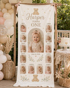 One Year Photo Banner, First Birthday Milestone Fabric Sign, Personalized 12 Month Satin Banner – product photo 6