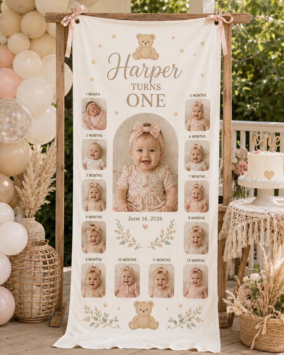 One Year Photo Banner, First Birthday Milestone Fabric Sign, Personalized 12 Month Satin Banner - product image 6