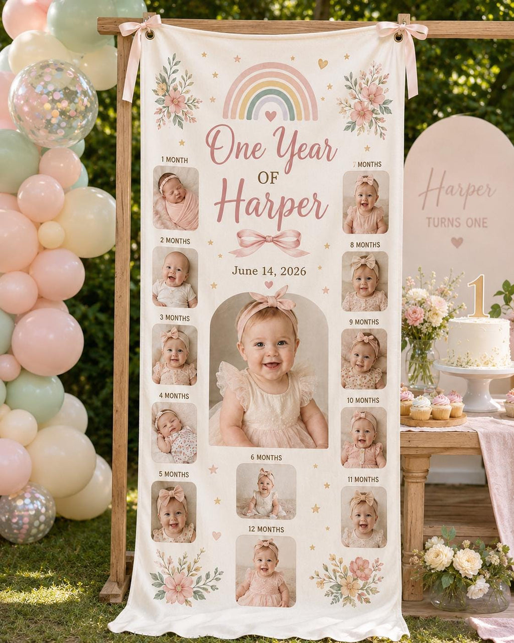 One Year Photo Banner, First Birthday Milestone Fabric Sign, Personalized 12 Month Satin Banner - product image 9