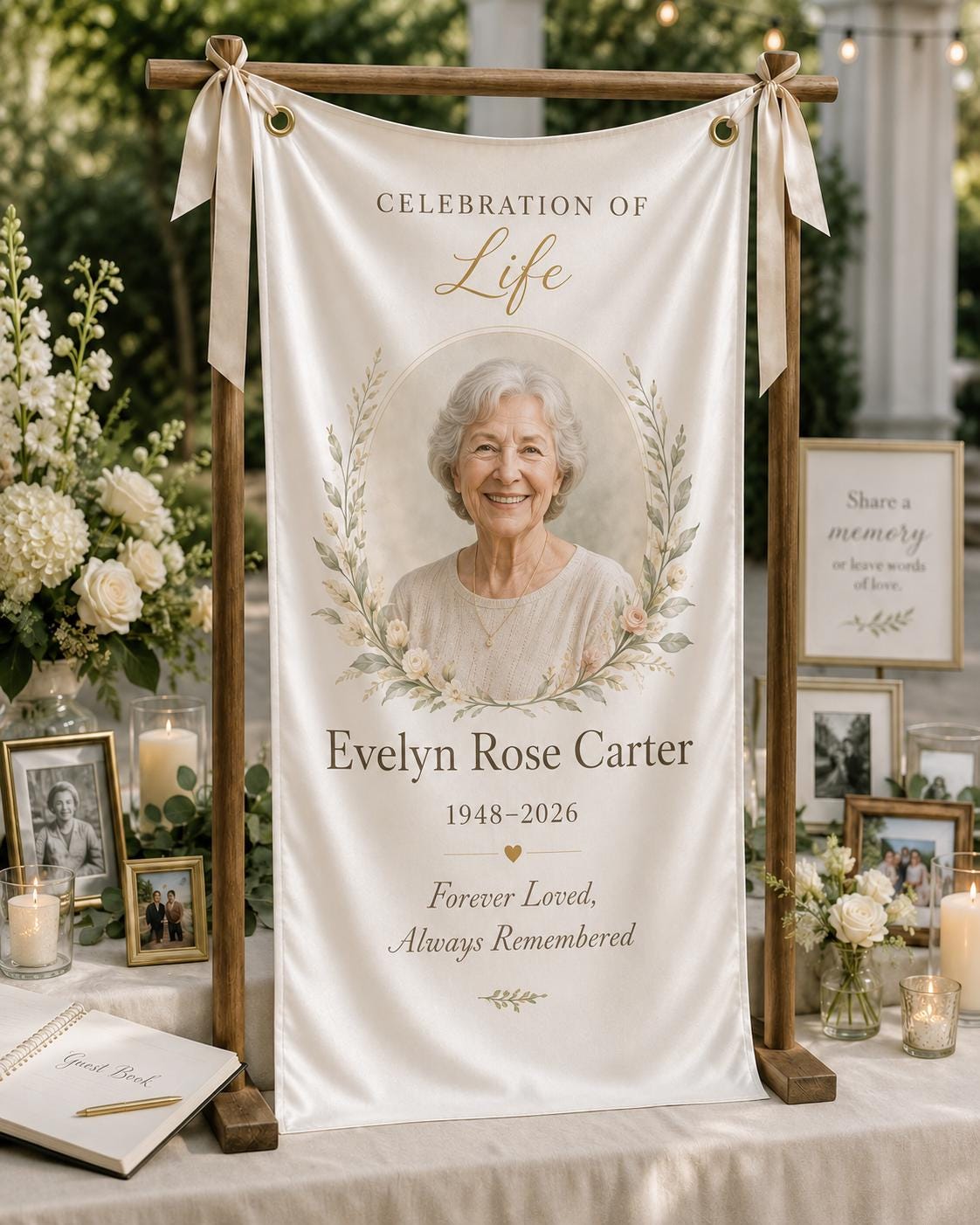 Memorial Photo Banner, Personalized Celebration of Life Fabric Sign, Custom Satin Remembrance Banner - product image 6