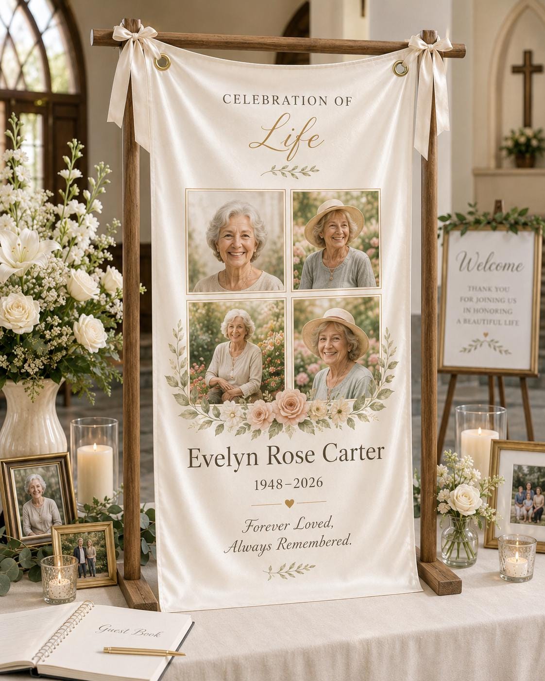 Memorial Photo Banner, Personalized Celebration of Life Fabric Sign, Custom Satin Remembrance Banner - product image 4