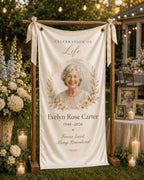 Memorial Photo Banner, Personalized Celebration of Life Fabric Sign, Custom Satin Remembrance – main product view
