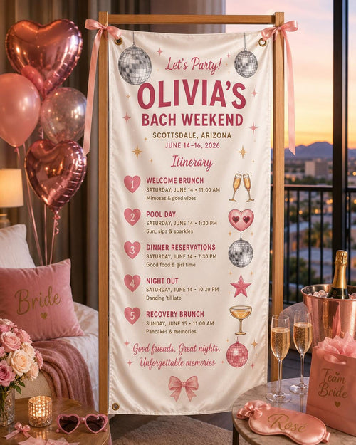 Bachelorette Weekend Itinerary Banner, Custom Bach Party Fabric Sign, Personalized Bride Crew Satin Banner - product image 2