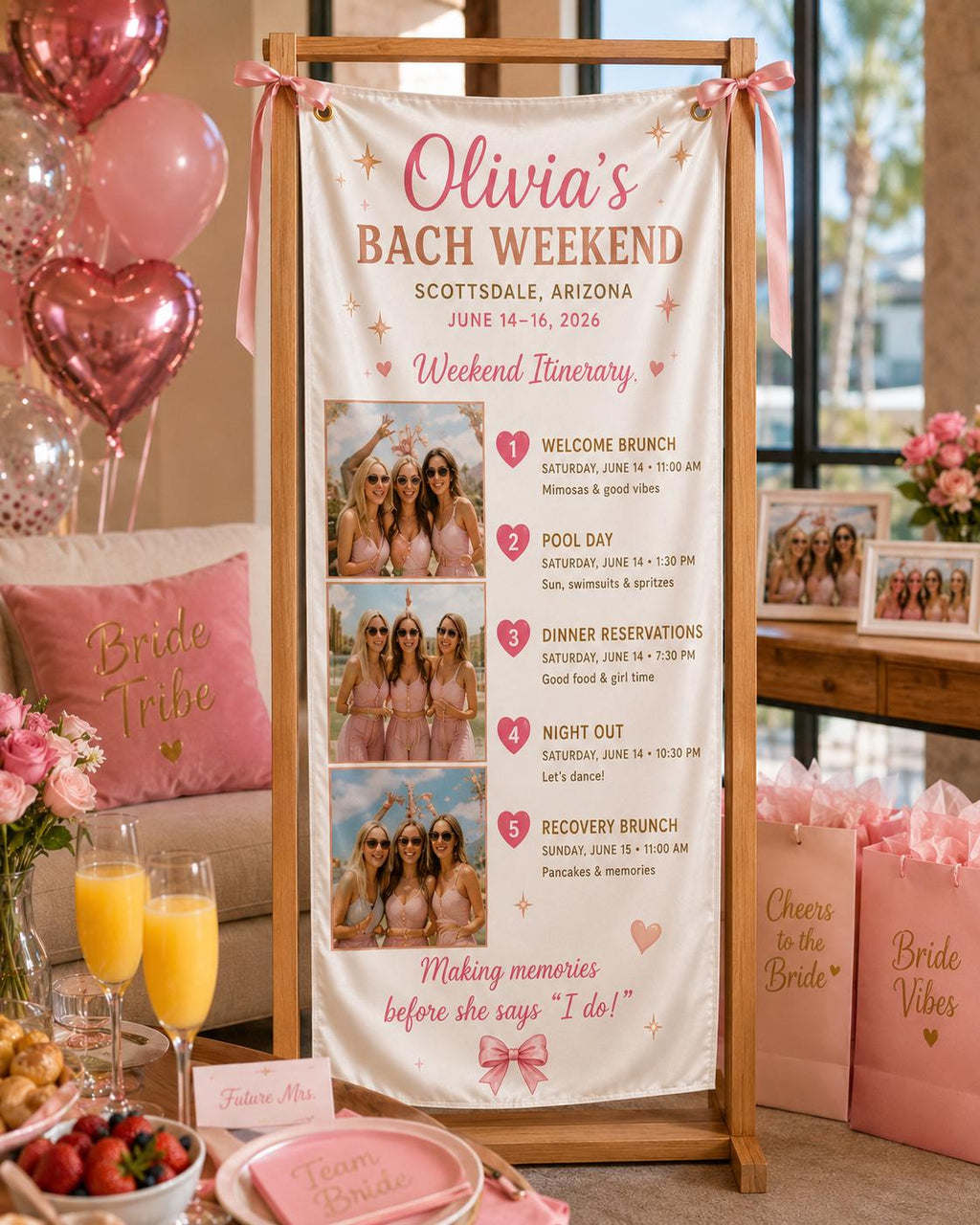 Bachelorette Weekend Itinerary Banner, Custom Bach Party Fabric Sign, Personalized Bride Crew Satin Banner - product image 6