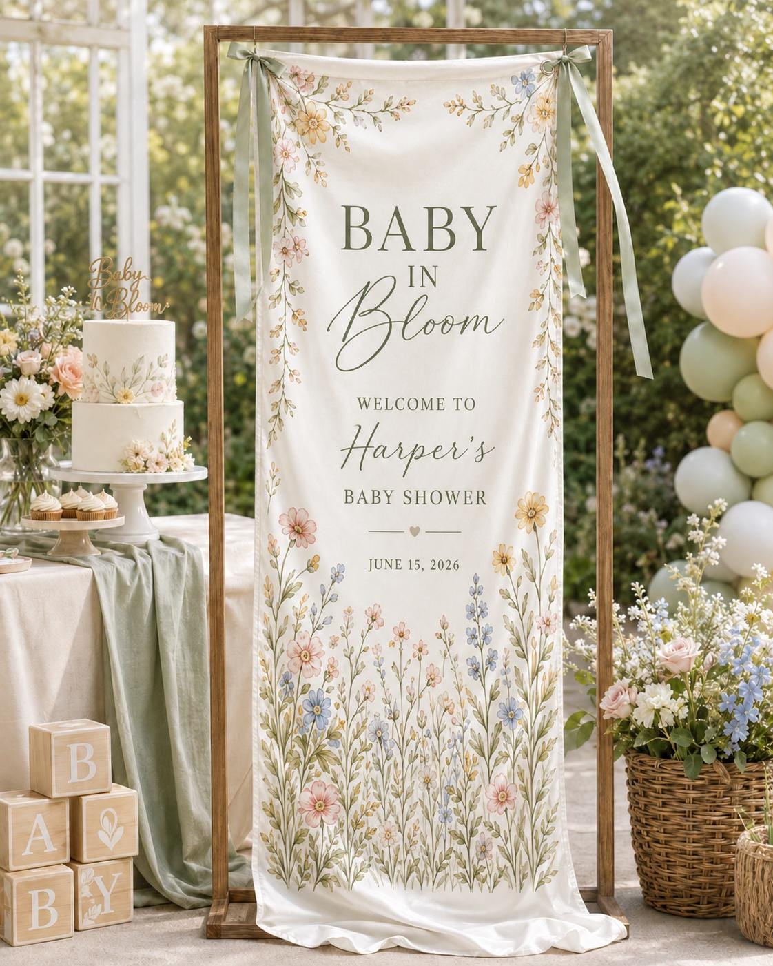 Baby in Bloom Garden Banner, Personalized Floral Baby Shower Welcome Sign - product image 10