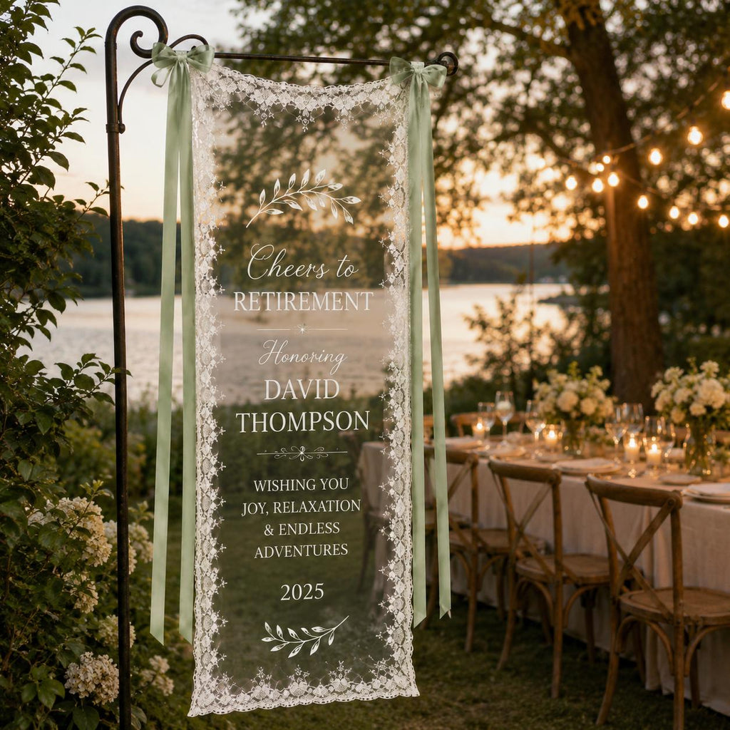 Retirement Garden Party Lace Banner, Personalized Sheer Retirement Sign, Custom Celebration Decor - product image 6