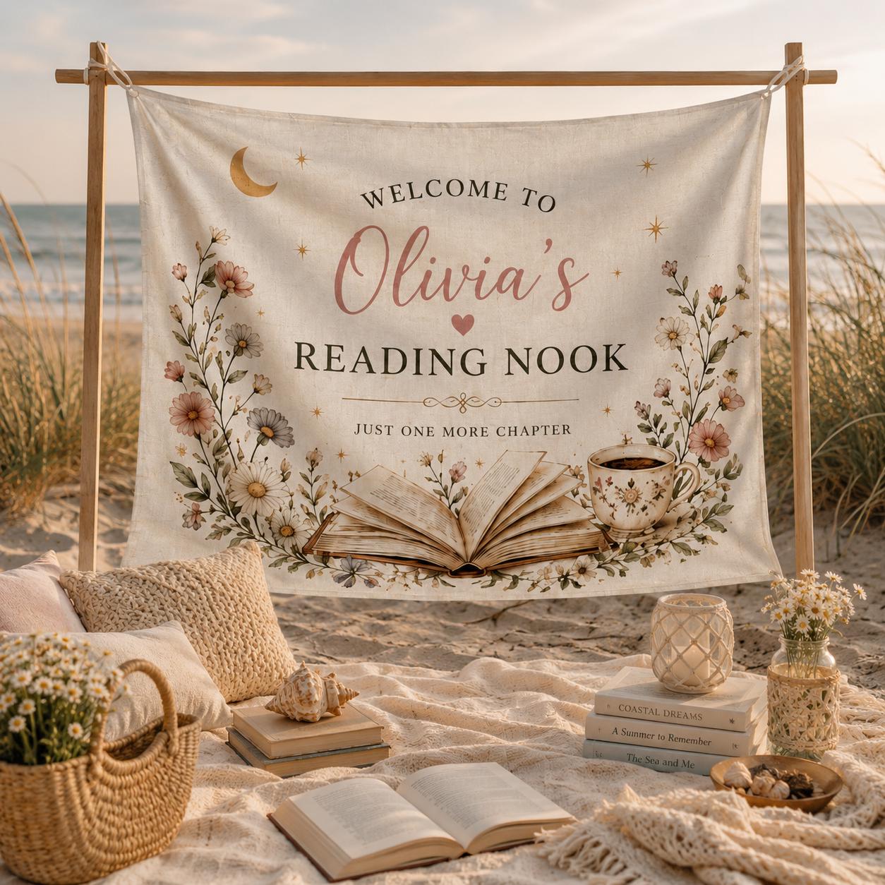 Personalized Reading Nook Linen Tapestry, Custom Book Lover Wall Hanging, Floral Library Room Decor - product image 1