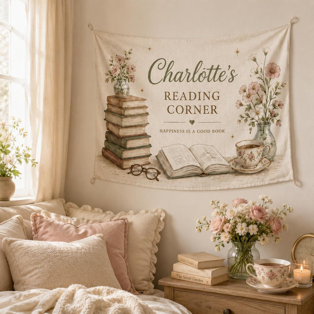 Personalized Reading Nook Linen Tapestry, Custom Book Lover Wall Hanging, Floral Library Room Decor - product image 7
