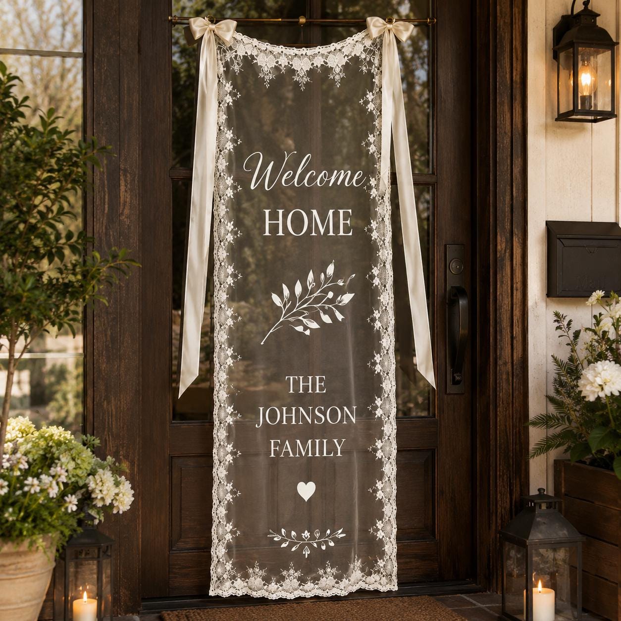 Seasonal Home Entryway Lace Banner, Personalized Family Name Welcome Sign, Custom Sheer Door Decor - product image 8