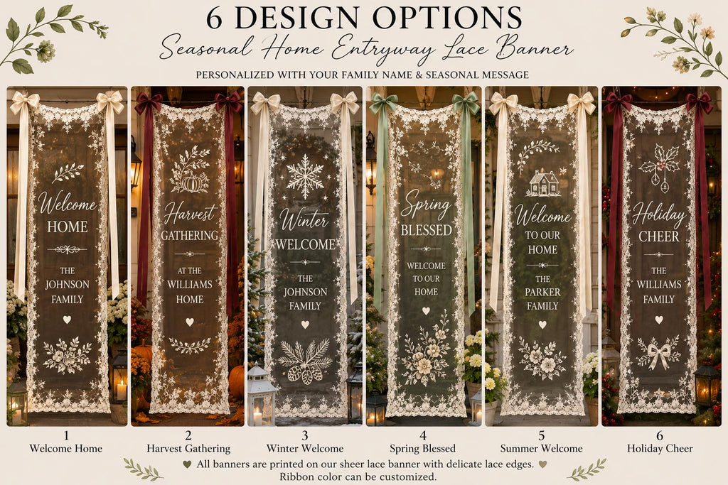 Personalized Seasonal Lace Door Banner, Custom Family Name Welcome Sign, Sheer Front Porch Decor - product image 2