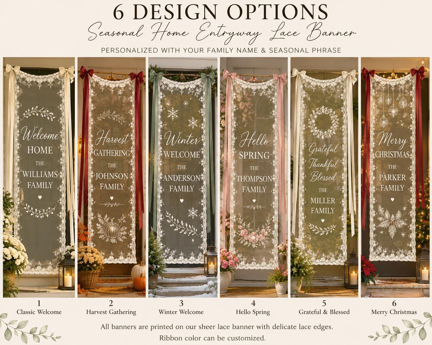 Custom Family Welcome Lace Banner, Personalized Seasonal Entryway Sign, Sheer Home Door Decor - product image 2