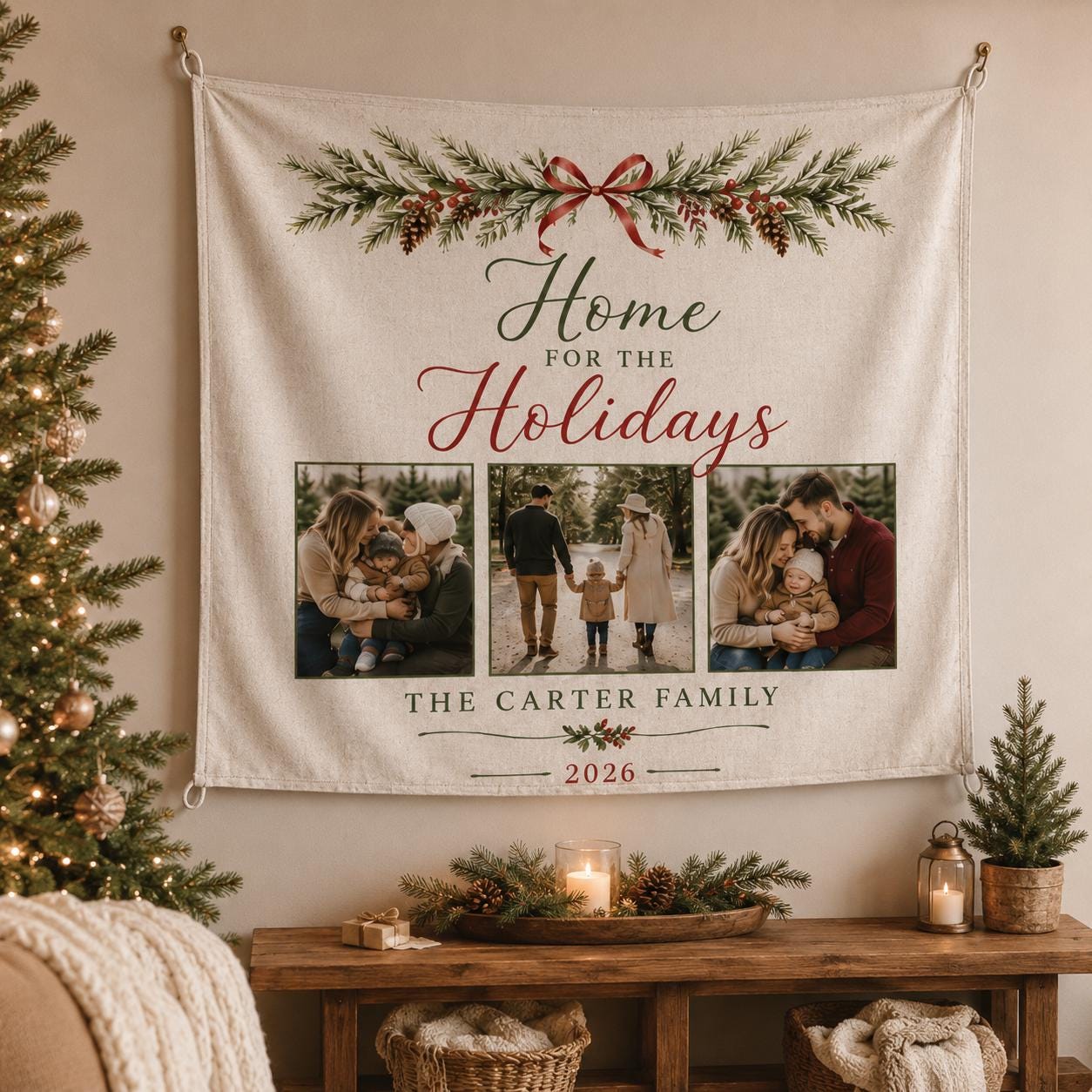 Christmas Family Photo Tapestry, Personalized Holiday Wall Hanging, Custom Family Name Sign - product image 10