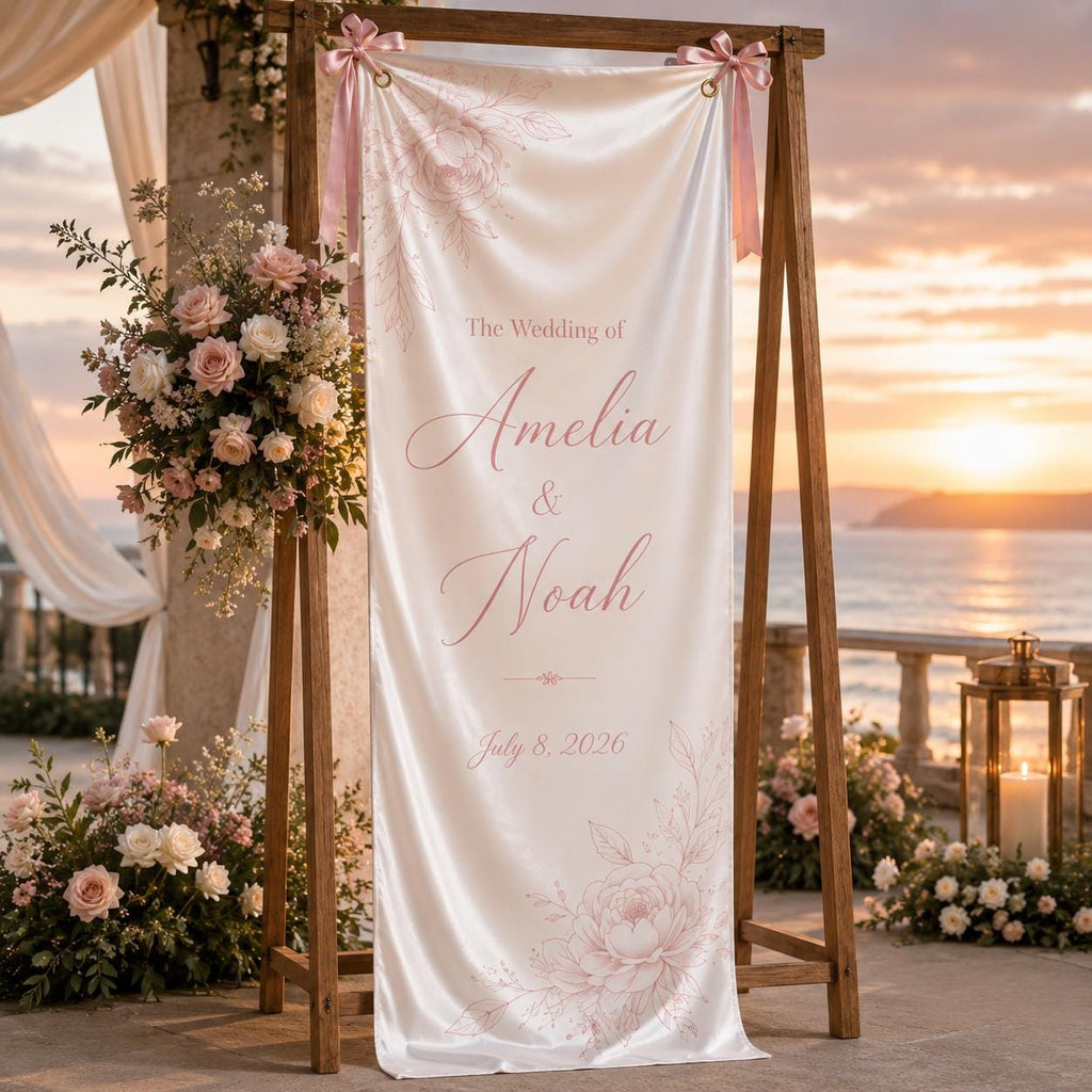 Wedding Welcome Fabric Banner, Personalized Ceremony Backdrop, Custom Floral Wedding Entrance Sign - product image 1
