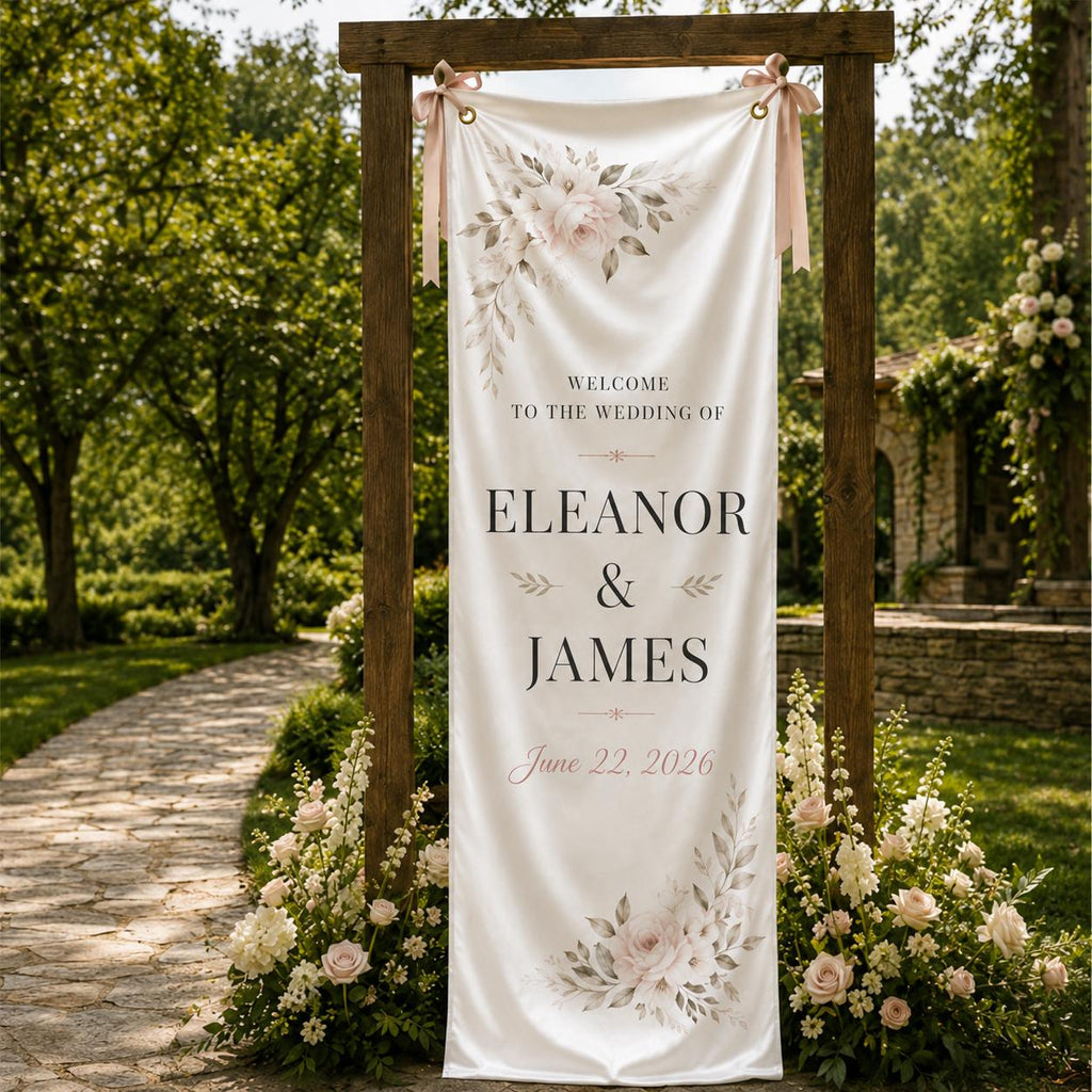 Wedding Welcome Fabric Banner, Personalized Ceremony Backdrop, Custom Floral Wedding Entrance Sign - product image 8