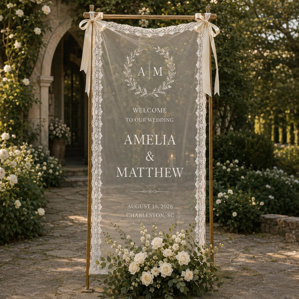 Wedding Welcome Fabric Banner, Personalized Ceremony Backdrop, Custom Floral Wedding Entrance Sign - product image 7