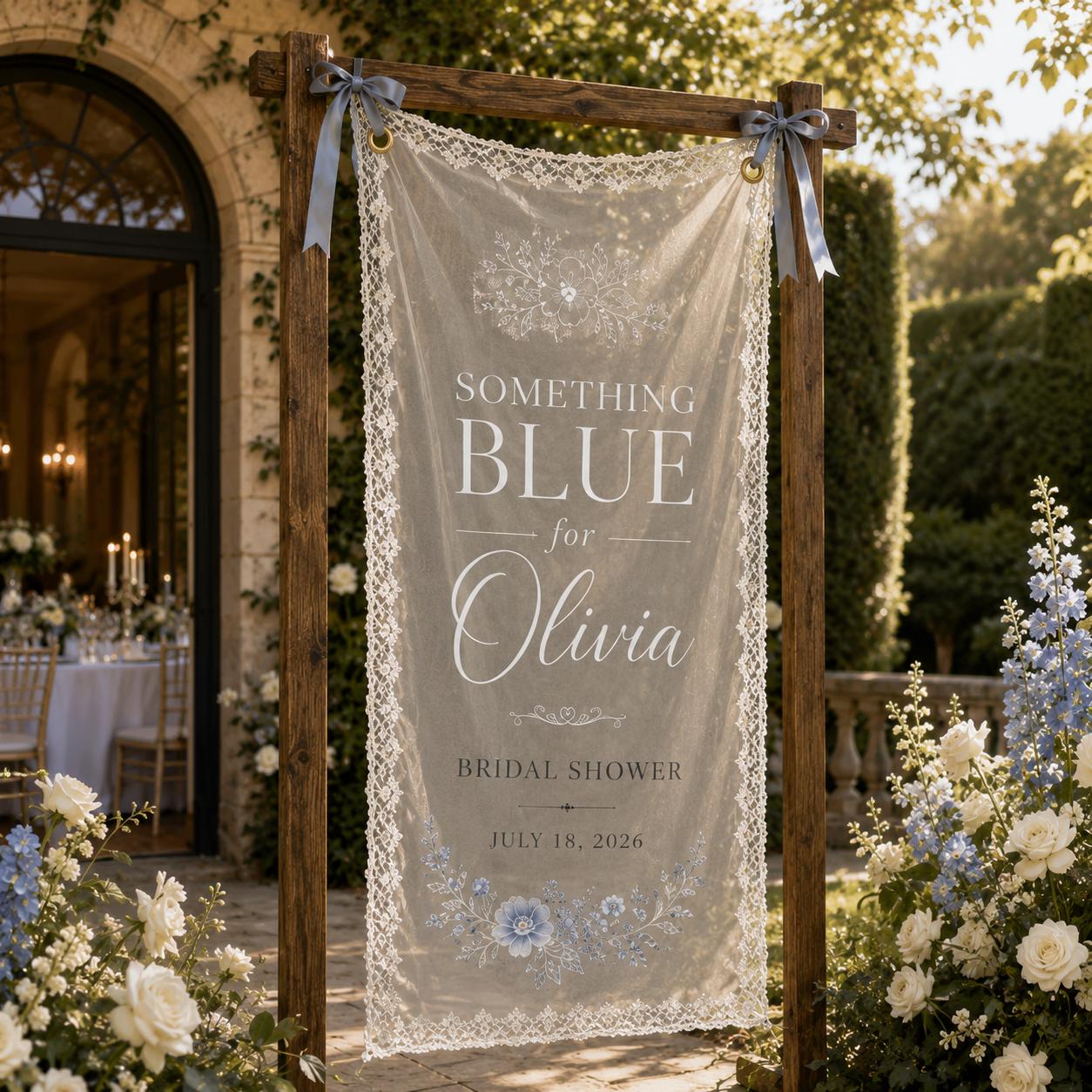 Personalized Blue Floral Lace Bridal Shower Welcome Banner, Sheer Fabric Sign - product image 7