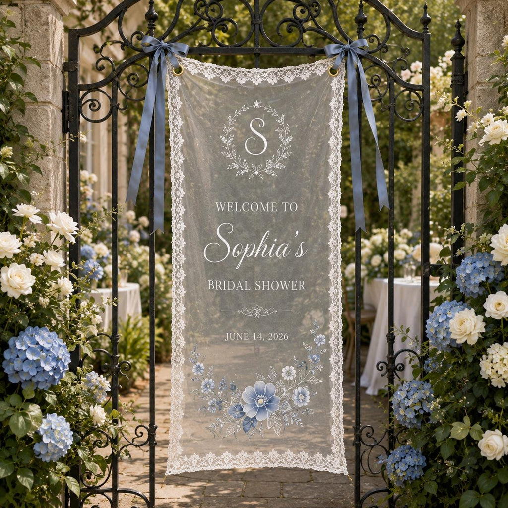 Personalized Blue Floral Lace Bridal Shower Welcome Banner, Sheer Fabric Sign - product image 9