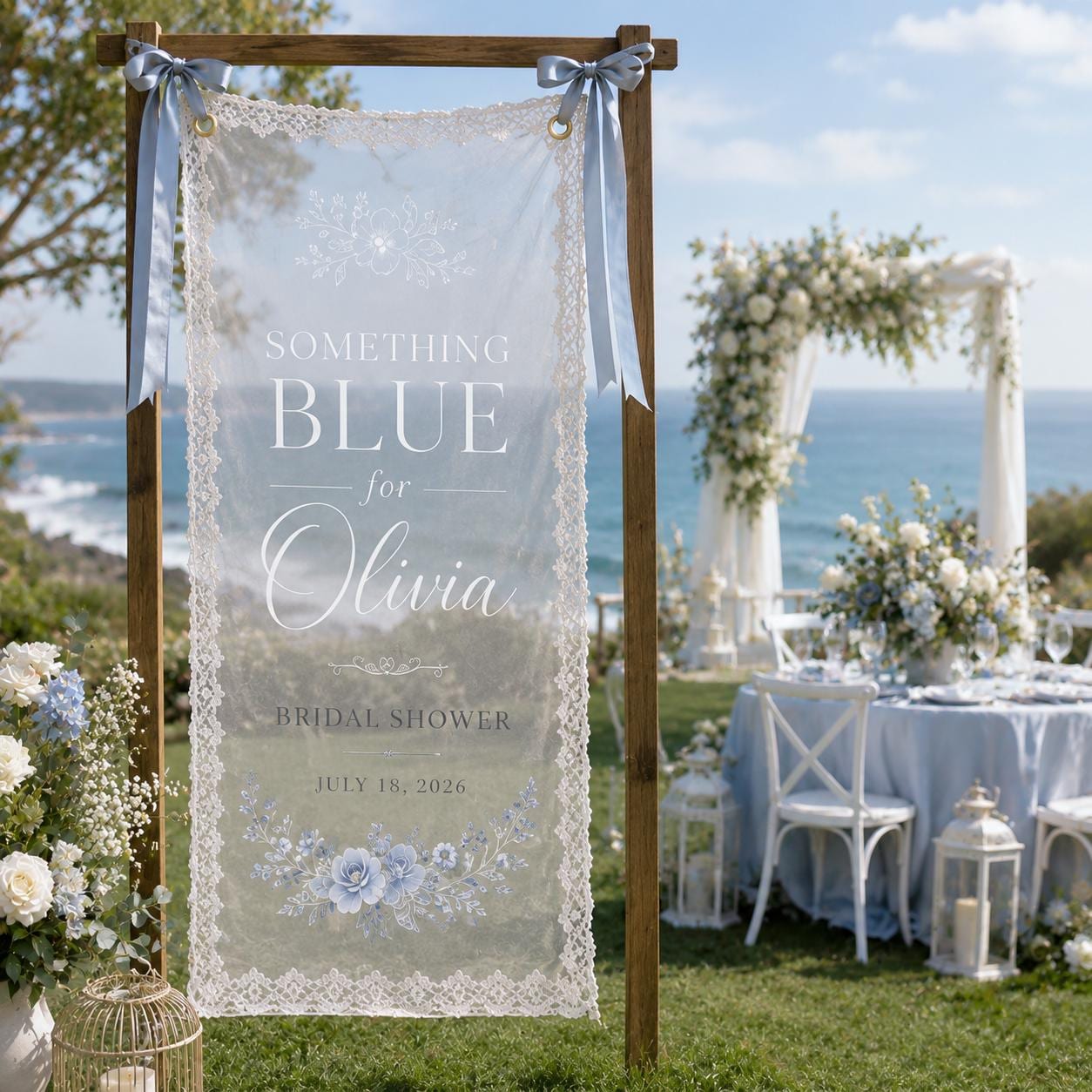 Personalized Blue Floral Lace Bridal Shower Welcome Banner, Sheer Fabric Sign - product image 10