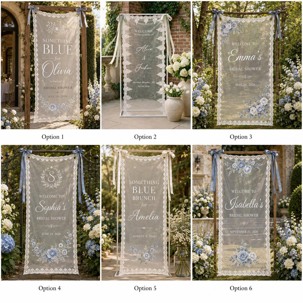 Personalized Blue Floral Lace Bridal Shower Welcome Banner, Sheer Fabric Sign - product image 2