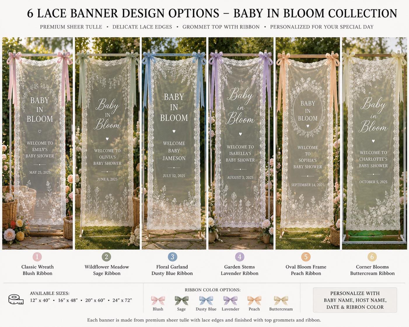 Personalized Lace Baby Shower Banner, Garden Welcome Sign, Sheer Fabric Decor - product image 2