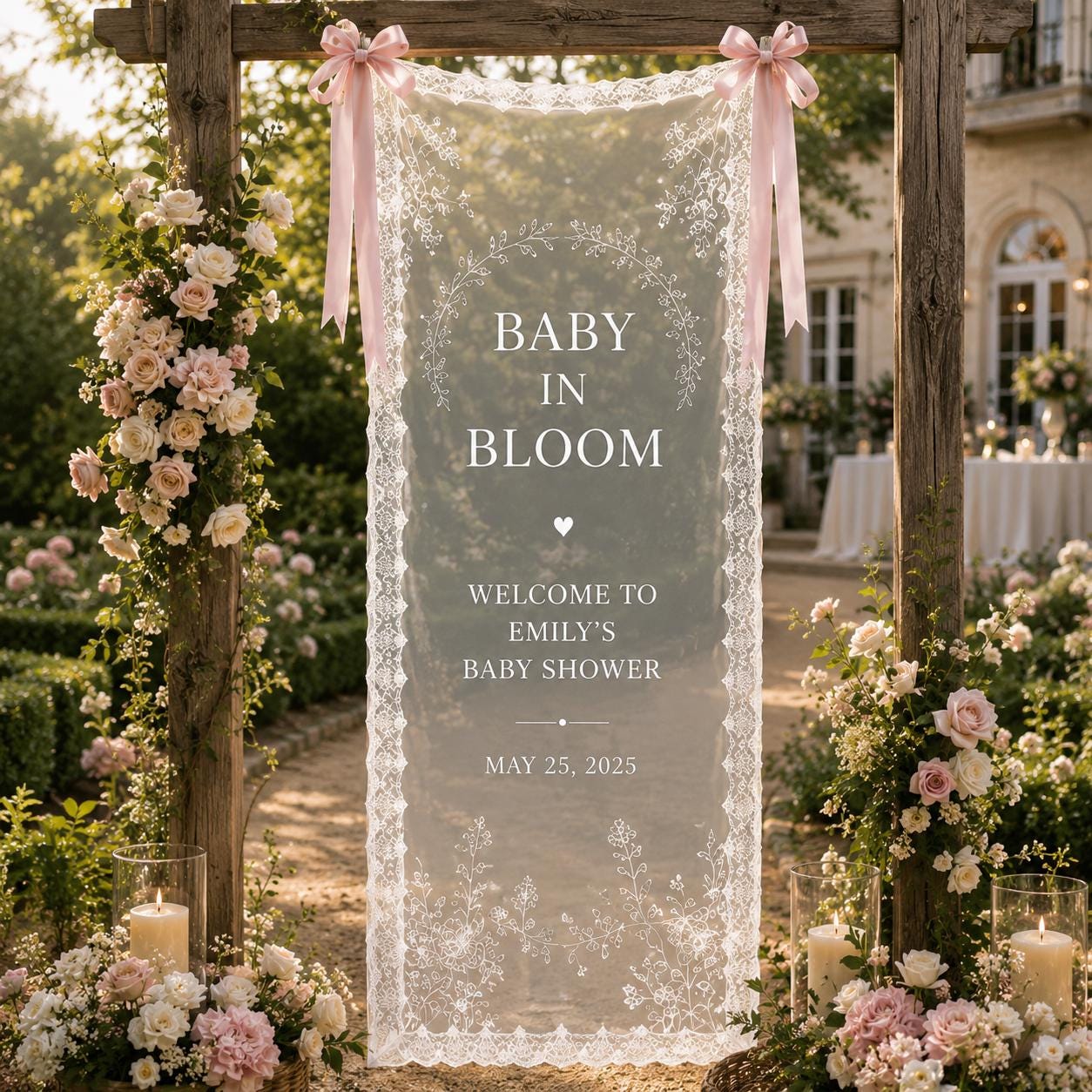 Personalized Lace Baby Shower Banner, Garden Welcome Sign, Sheer Fabric Decor - product image 6