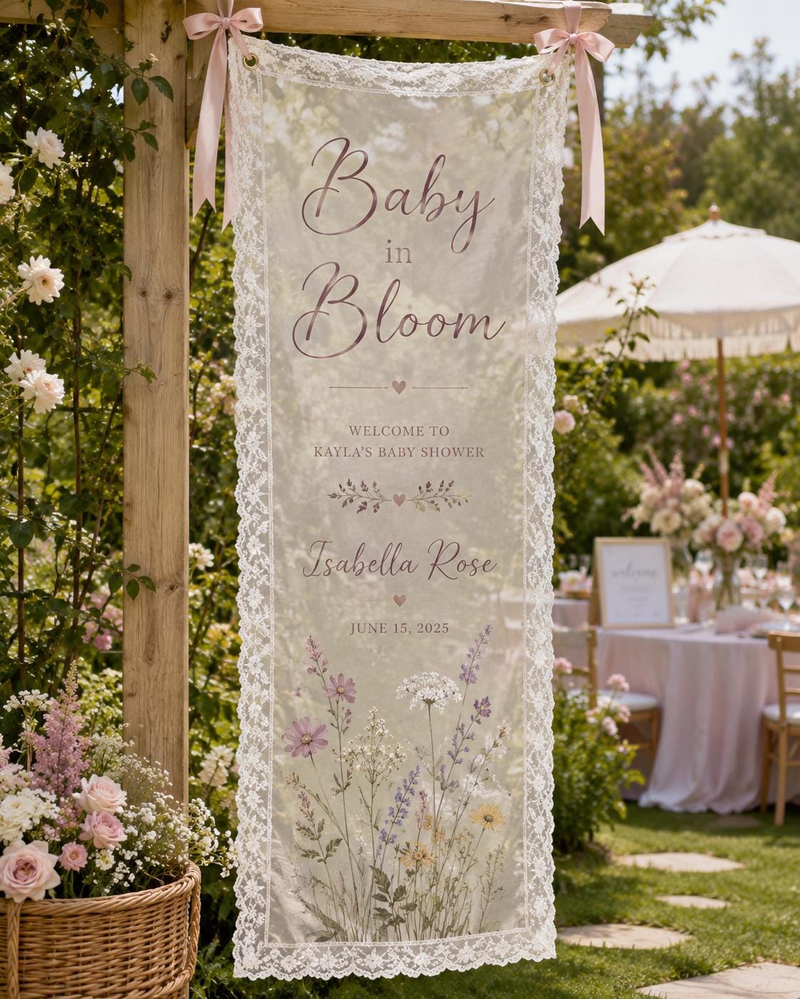 Personalized Lace Baby Shower Banner, Garden Welcome Sign, Sheer Fabric Decor - product image 8