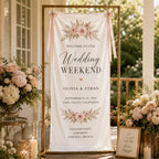Wedding Weekend Banner, Personalized Satin Welcome Sign, Custom Fabric Wedding Event Decor – main product view