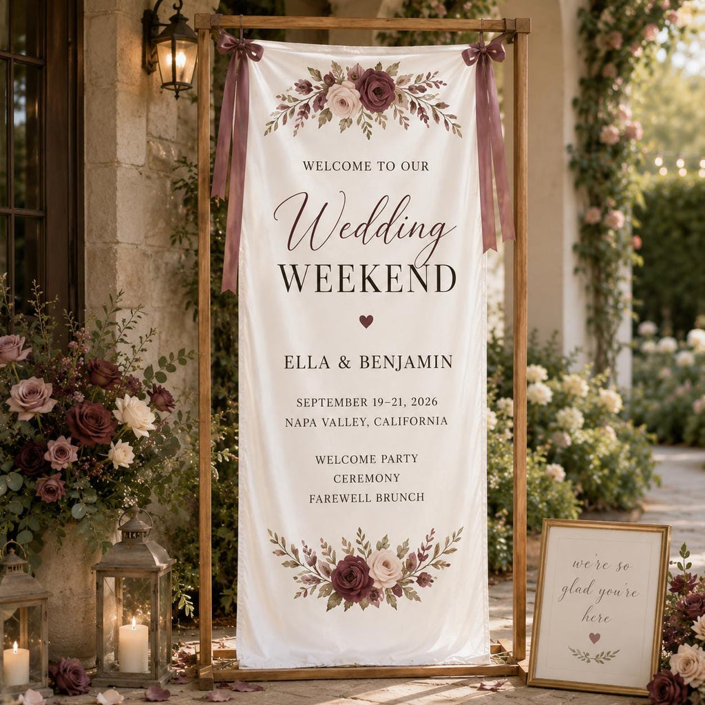 Wedding Weekend Banner, Personalized Satin Welcome Sign, Custom Fabric Wedding Event Decor - product image 6