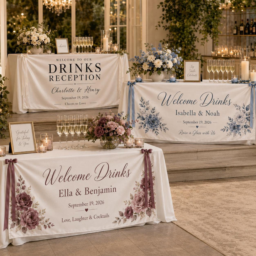 Welcome Drinks Banner, Personalized Satin Wedding Bar Sign, Custom Fabric Cocktail Reception Decor - product image 6
