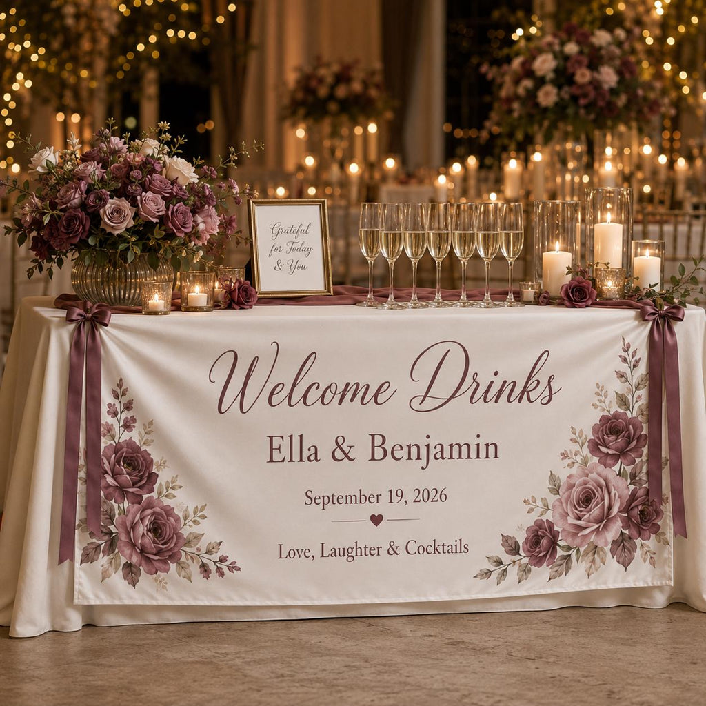 Welcome Drinks Banner, Personalized Satin Wedding Bar Sign, Custom Fabric Cocktail Reception Decor - product image 10