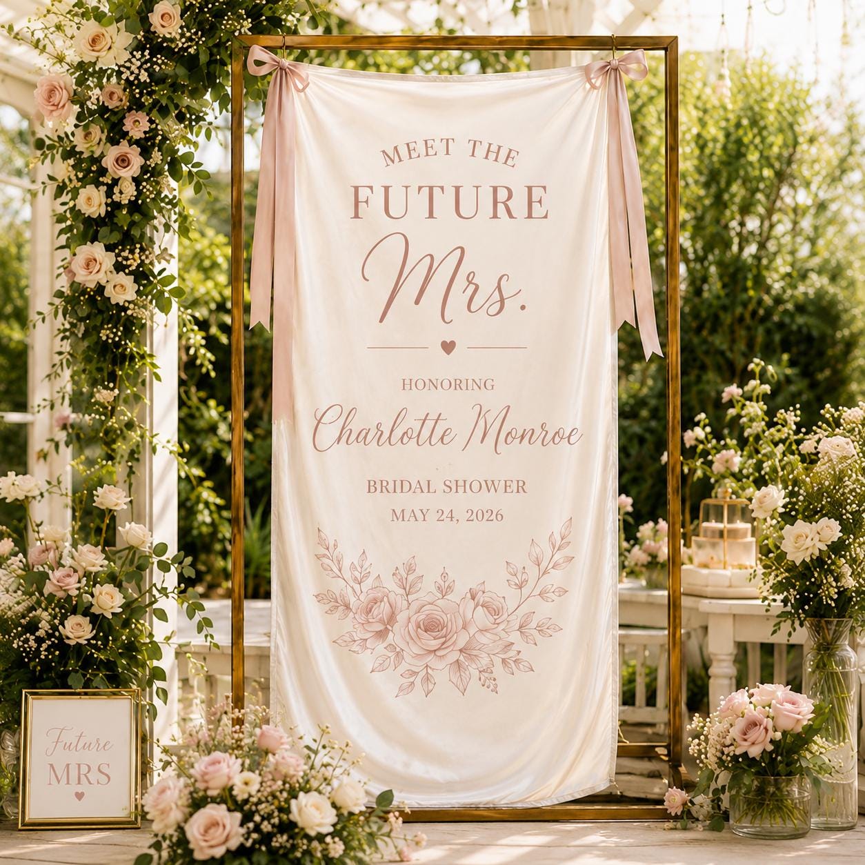 Meet The Future Mrs Bridal Shower Banner, Personalized Satin Welcome Sign, Custom Bridal Brunch Backdrop - product image 2
