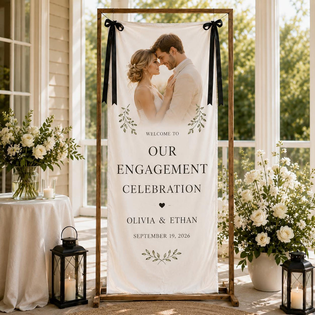 Engagement Celebration Banner, Personalized Satin Welcome Sign, Custom Fabric Engagement Party Decor - product image 1