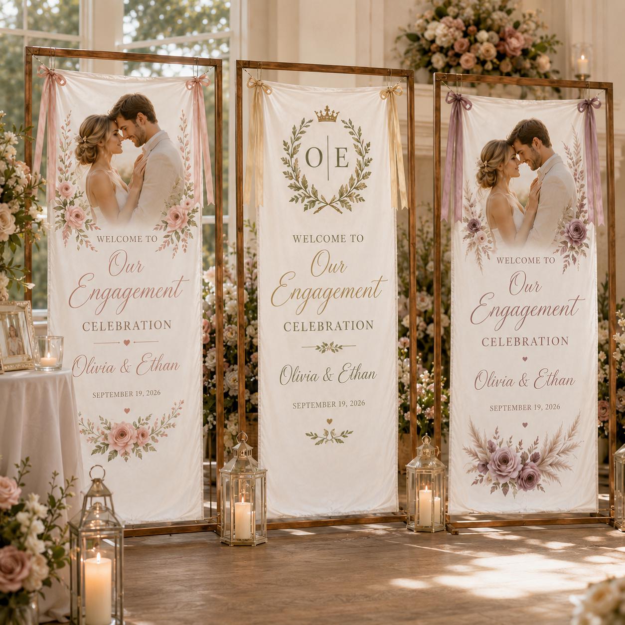 Engagement Celebration Banner, Personalized Satin Welcome Sign, Custom Fabric Engagement Party Decor - product image 3