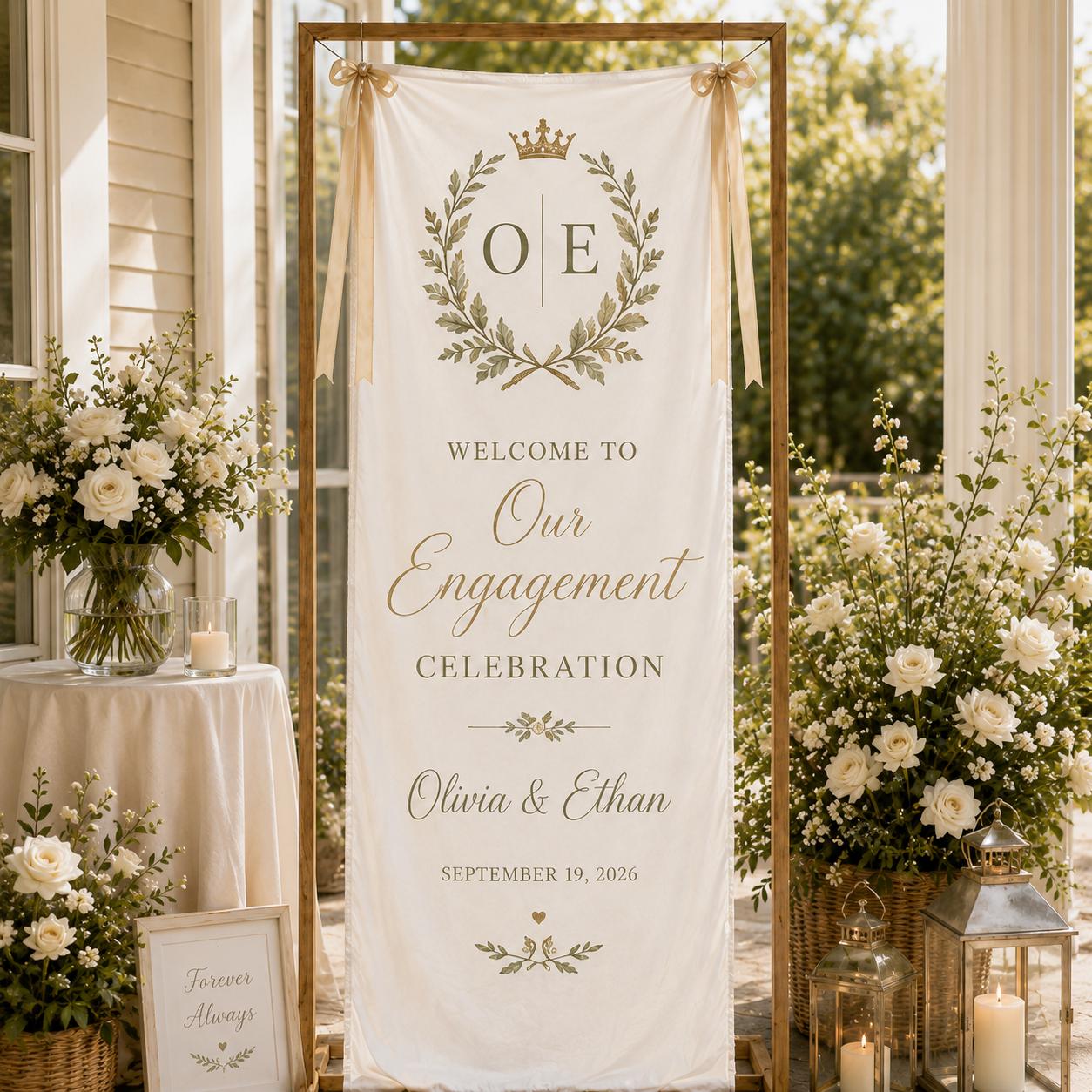 Engagement Celebration Banner, Personalized Satin Welcome Sign, Custom Fabric Engagement Party Decor - product image 7