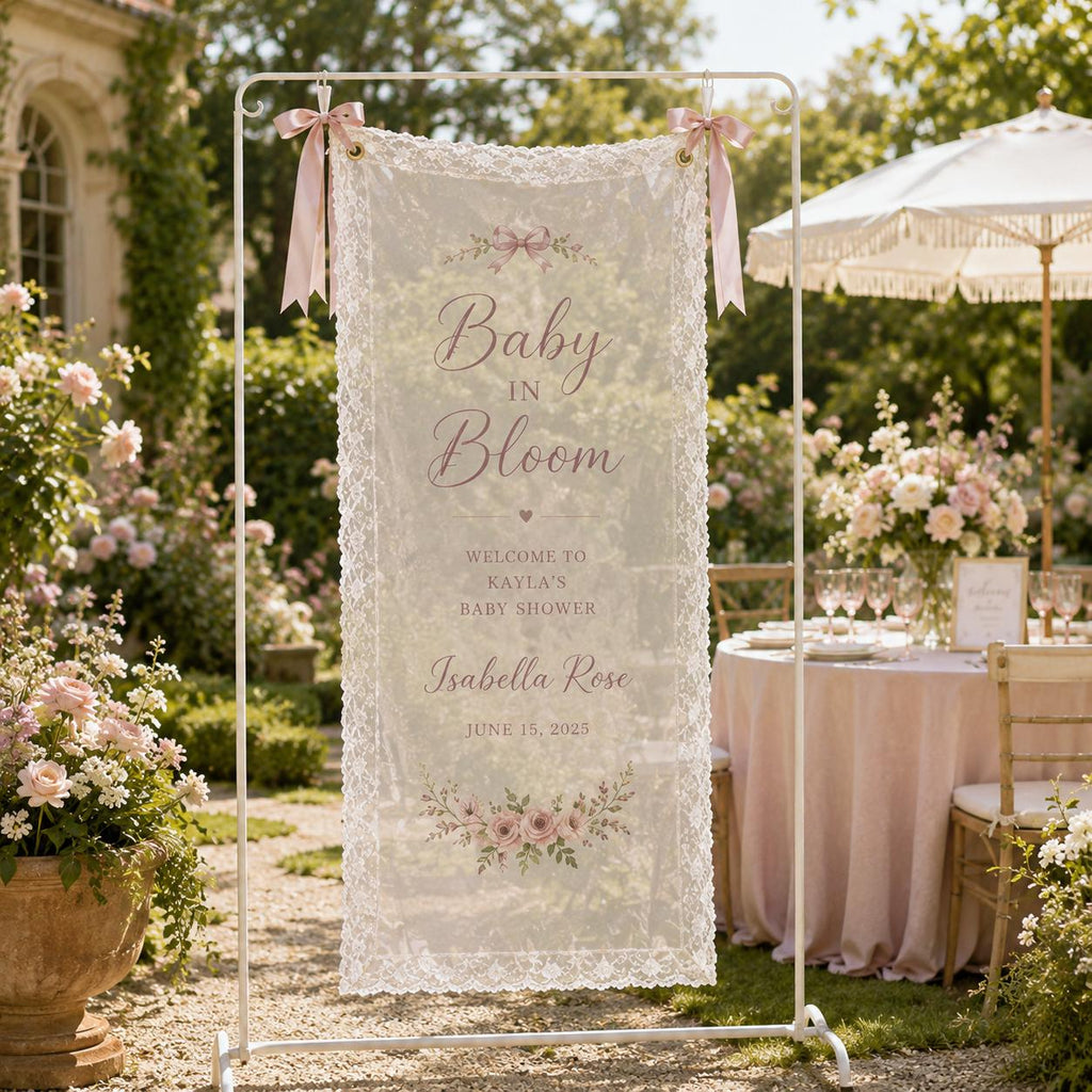 Personalized Lace Welcome Banner, Sheer Fabric Event Decor, Custom Garden Party Sign - product image 5