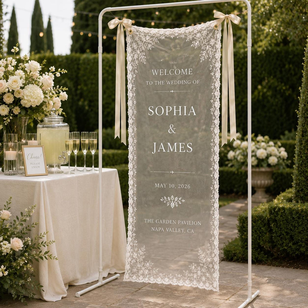 Garden Wedding Lace Banner, Personalized Sheer Wedding Welcome Sign, Custom Ceremony Entrance Decor - product image 6