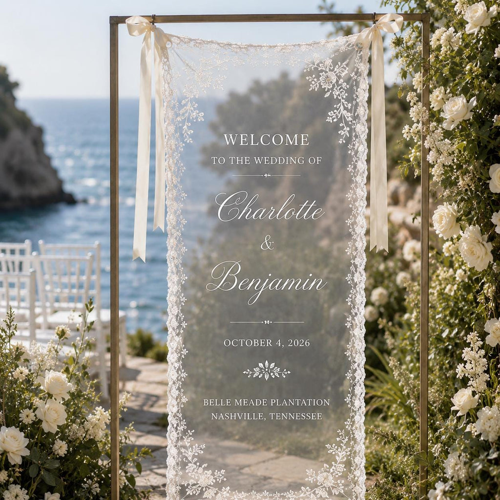Garden Wedding Lace Banner, Personalized Sheer Wedding Welcome Sign, Custom Ceremony Entrance Decor - product image 7