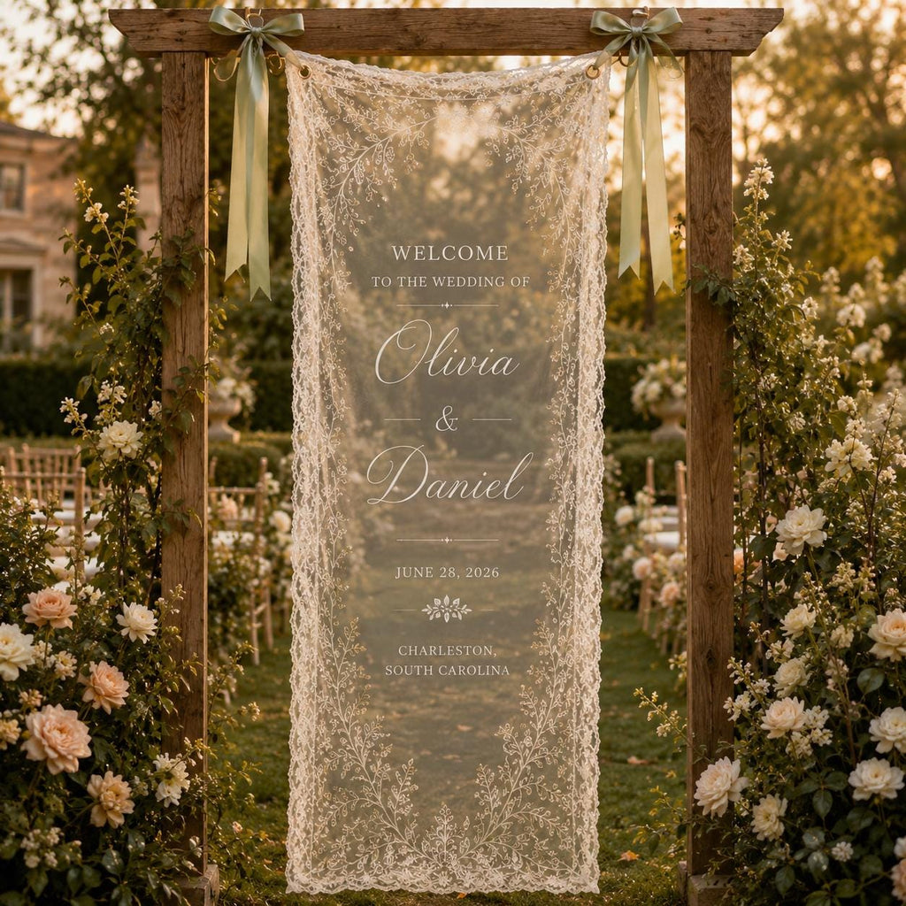 Garden Wedding Lace Banner, Personalized Sheer Wedding Welcome Sign, Custom Ceremony Entrance Decor - product image 10