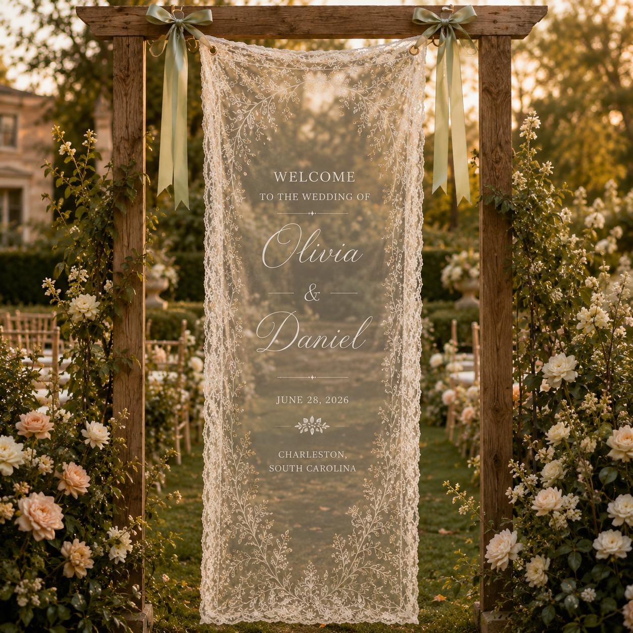 Garden Wedding Lace Banner, Personalized Sheer Wedding Welcome Sign, Custom Ceremony Entrance Decor - product image 10