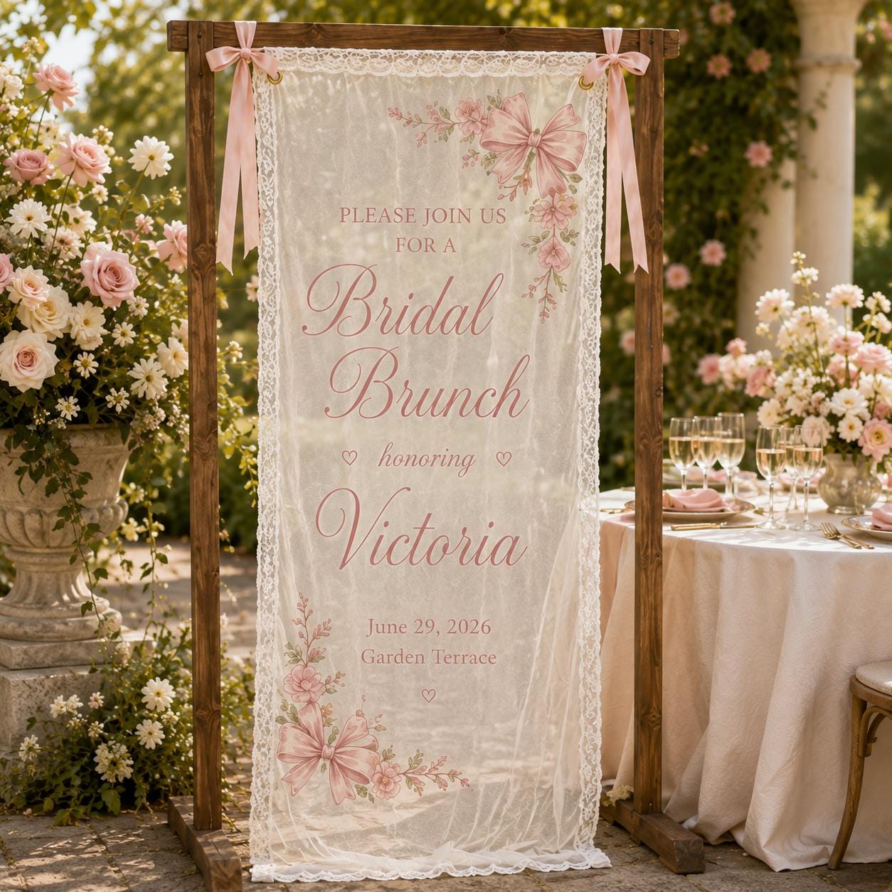 Personalized Lace Bridal Brunch Banner, Sheer Garden Party Welcome Sign - product image 6
