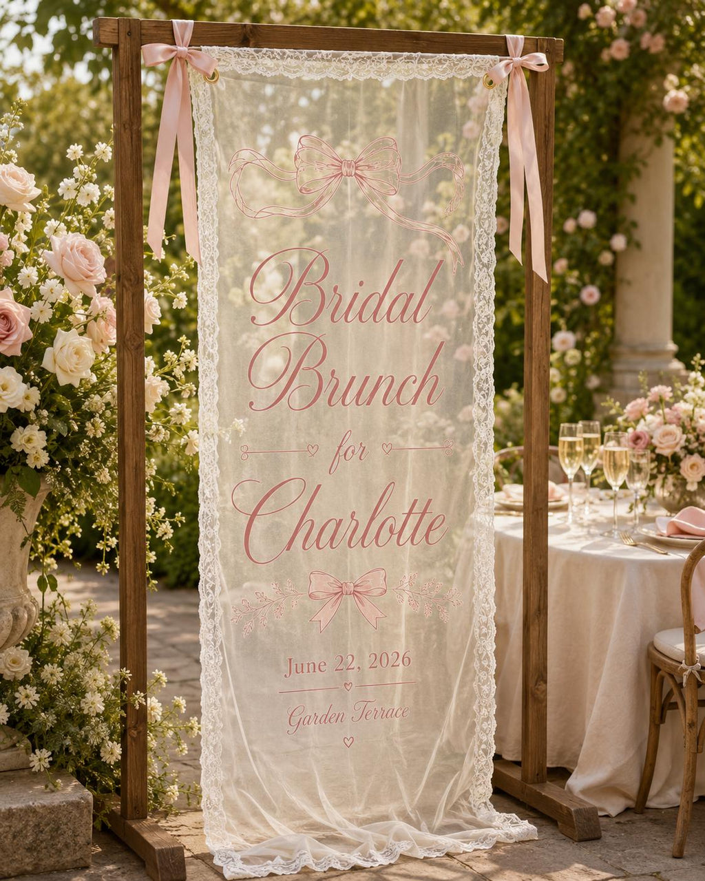 Personalized Lace Bridal Brunch Banner, Sheer Garden Party Welcome Sign - product image 9