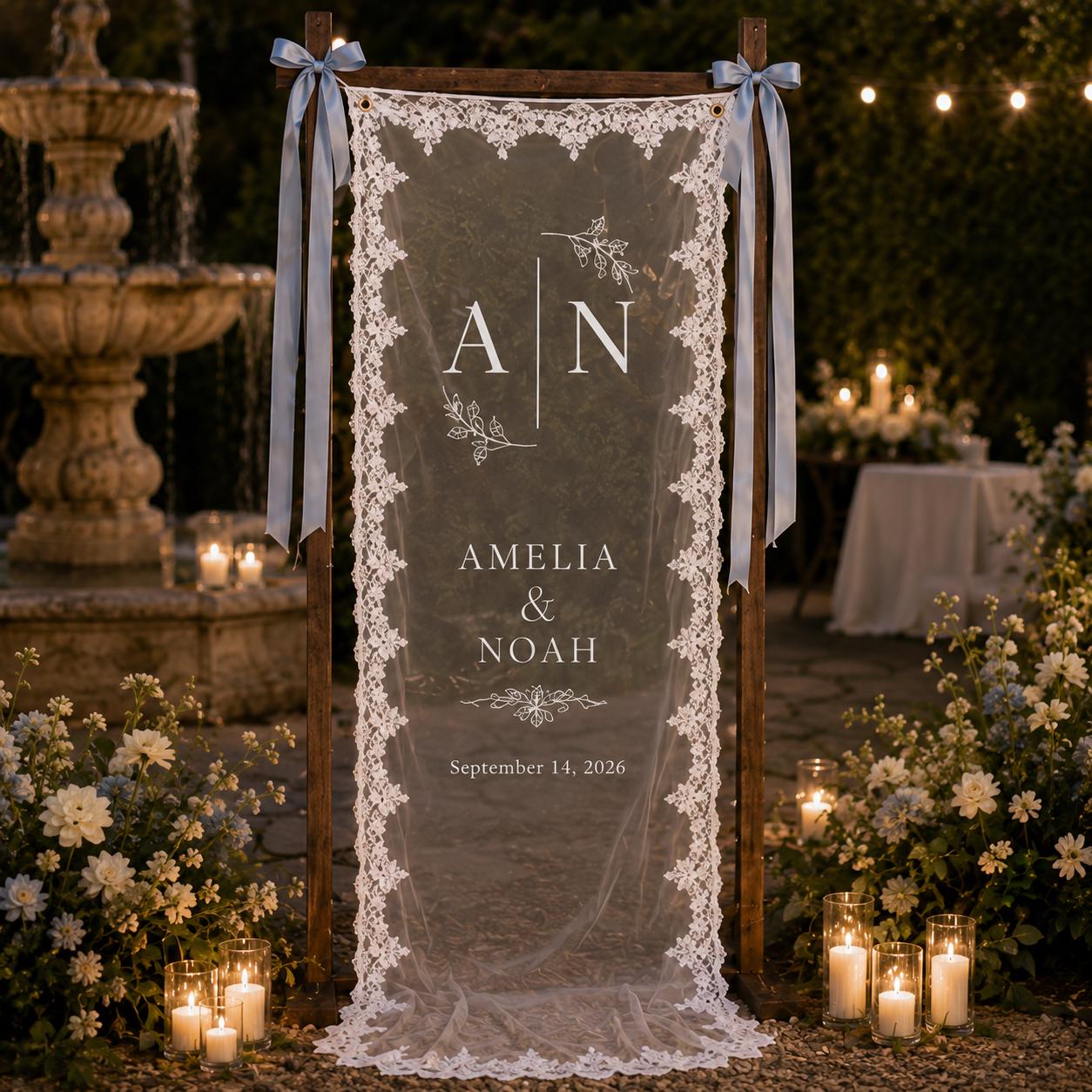Personalized Lace Engagement Banner, Romantic Sheer Welcome Sign, Garden Party Decor - product image 5