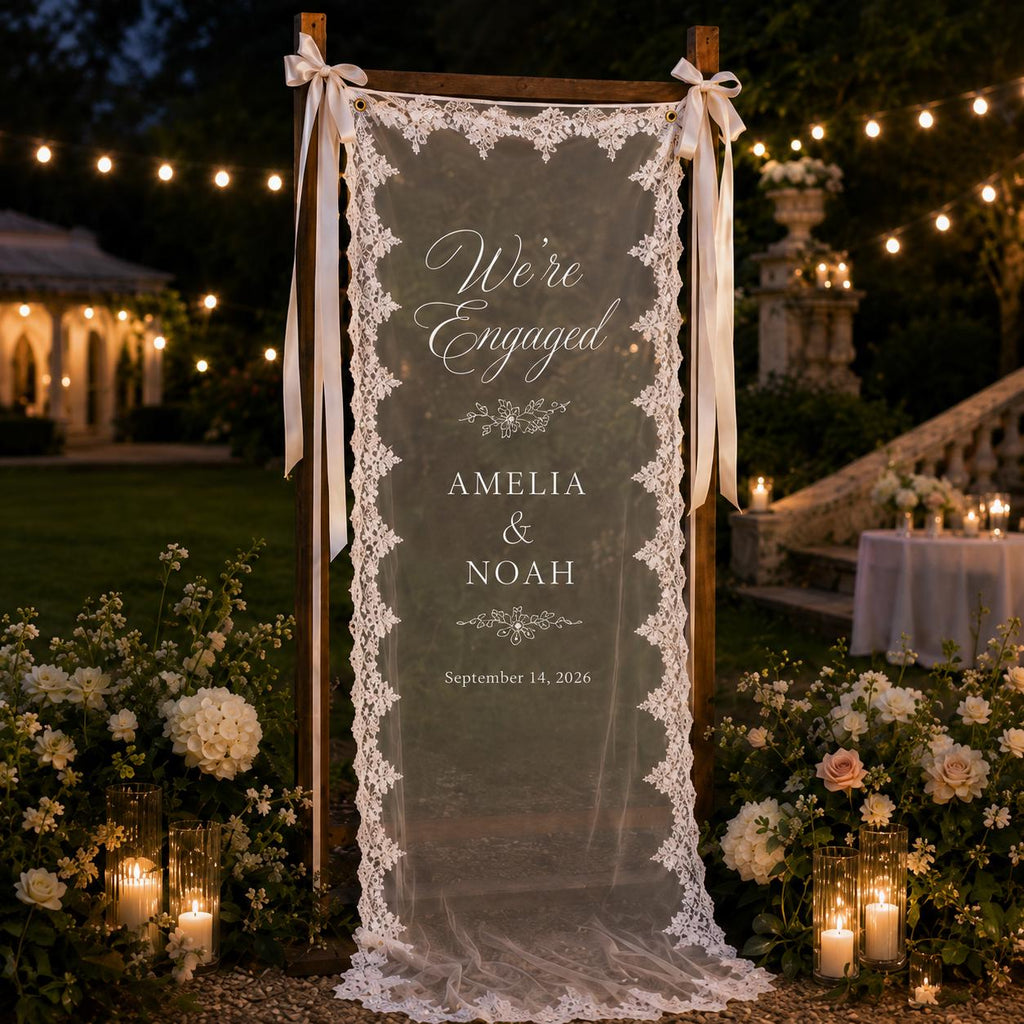 Personalized Lace Engagement Banner, Romantic Sheer Welcome Sign, Garden Party Decor - product image 10