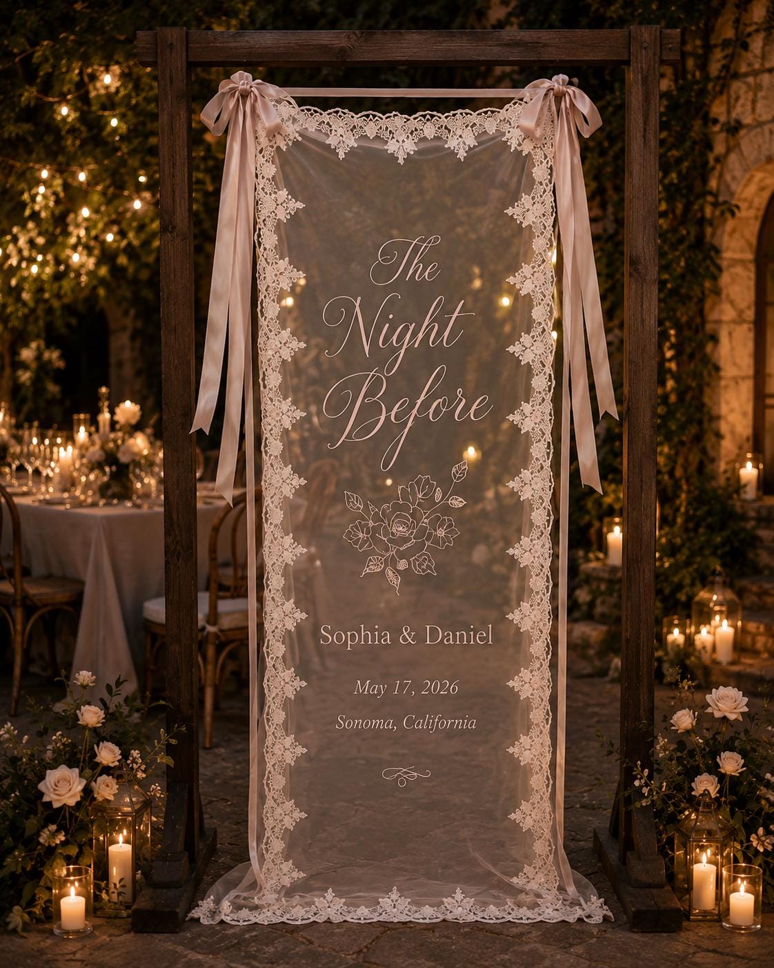 The Night Before Lace Banner, Personalized Rehearsal Dinner Sign, Custom Sheer Wedding Weekend Decor - product image 5
